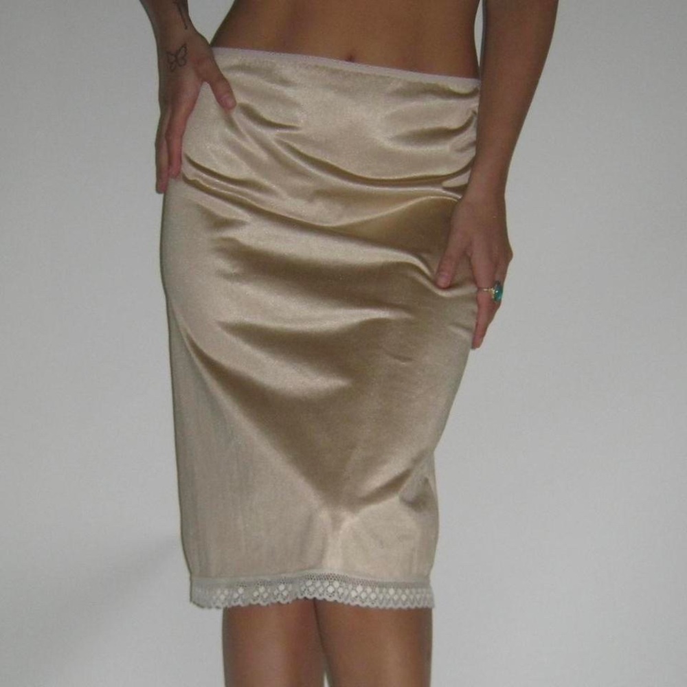 Gold midi slip dress with lace trim